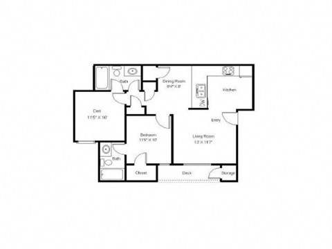 Floor plan for 1 bed, 2 baths, 850 sqft